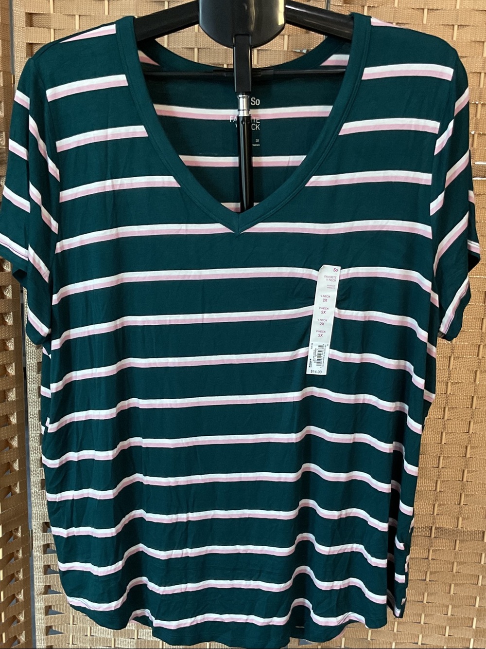 SO Teal V-Neck Short Sleeve Stripe Tee with Pink and White